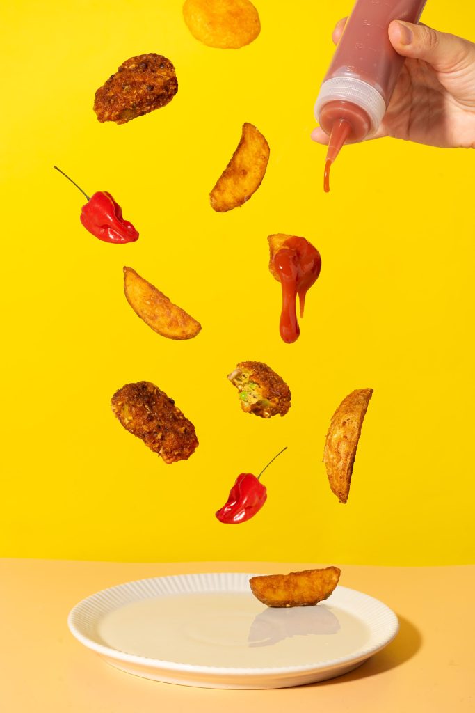 fotografía gastronómica de productos de quinta gama para industria alimentaria, fotografía de comida flotando, málaga, estilo pop